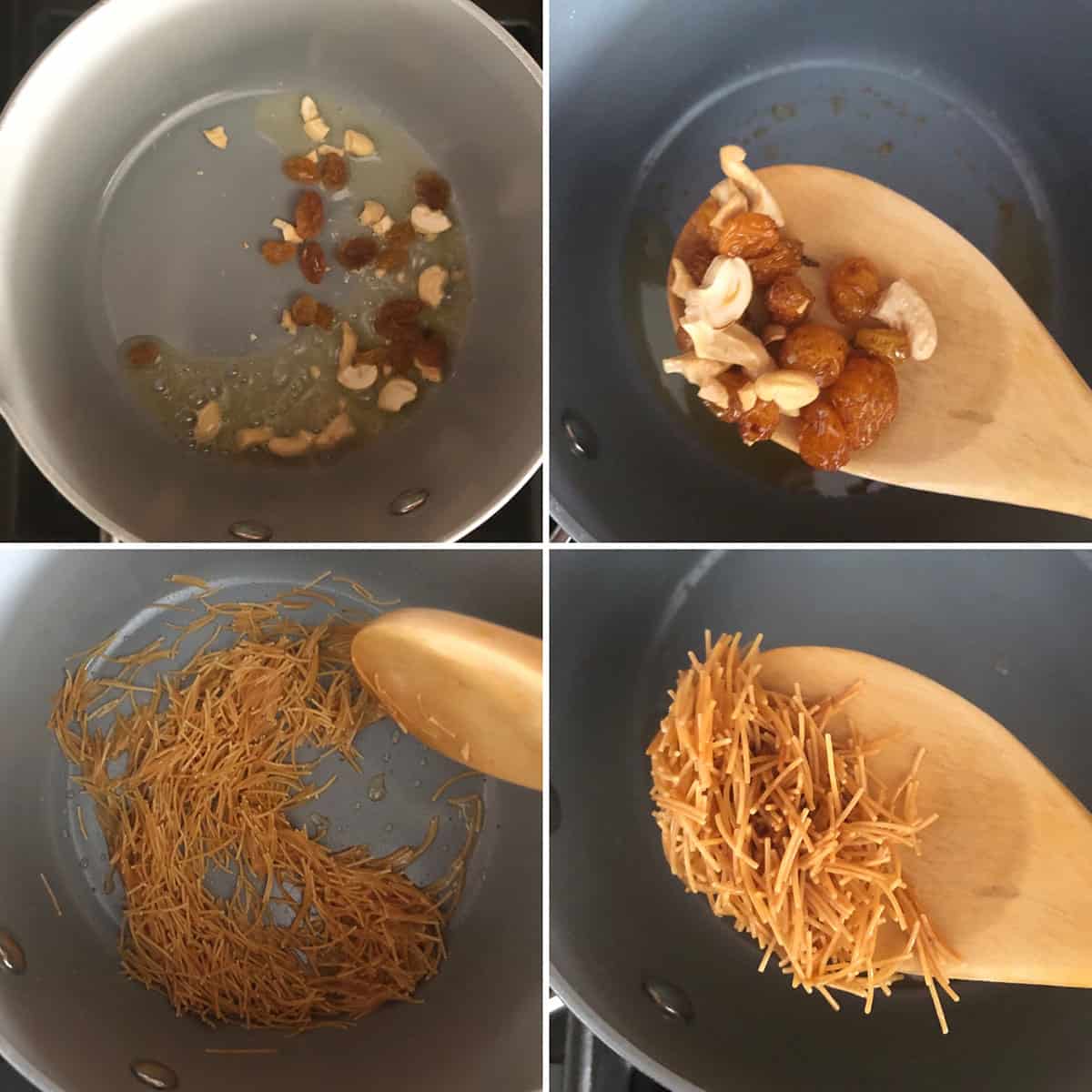 Step by step photos showing roasting cashews, raisins and vermicelli