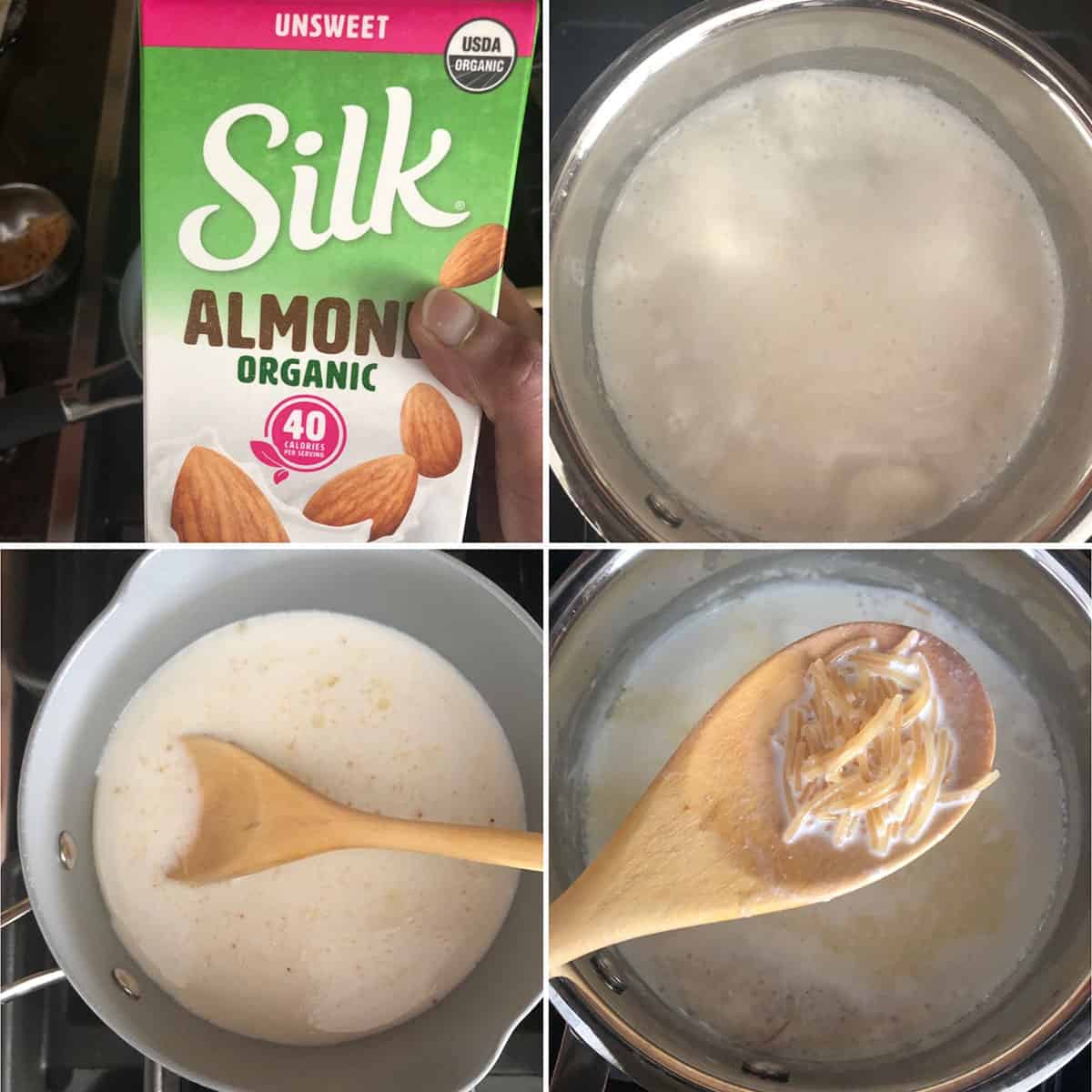 Step by step photos showing boiling almond milk and cooked vermicelli