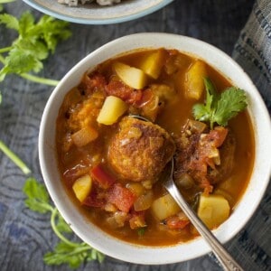 White bowl with Bengali lentil fritter curry