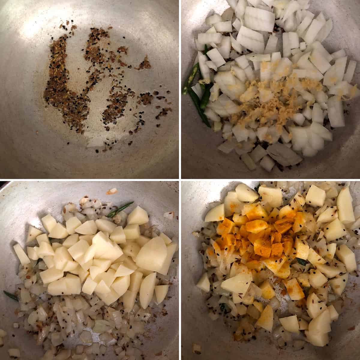 Cooking spices, onion and potatoes in a pan