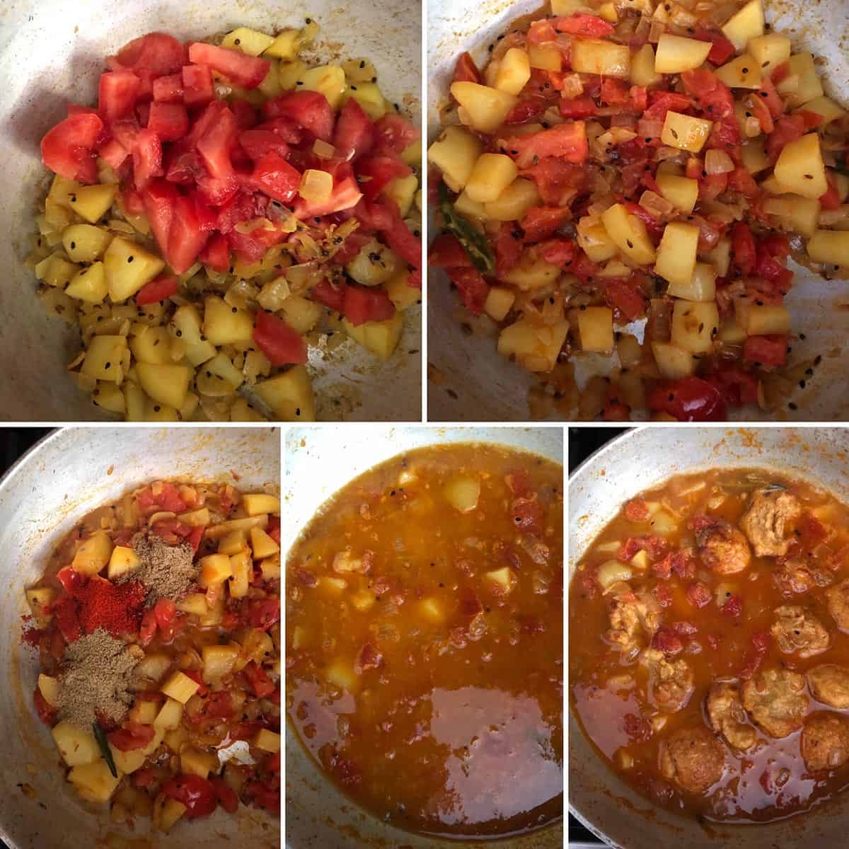 Adding tomatoes and spices to the curry