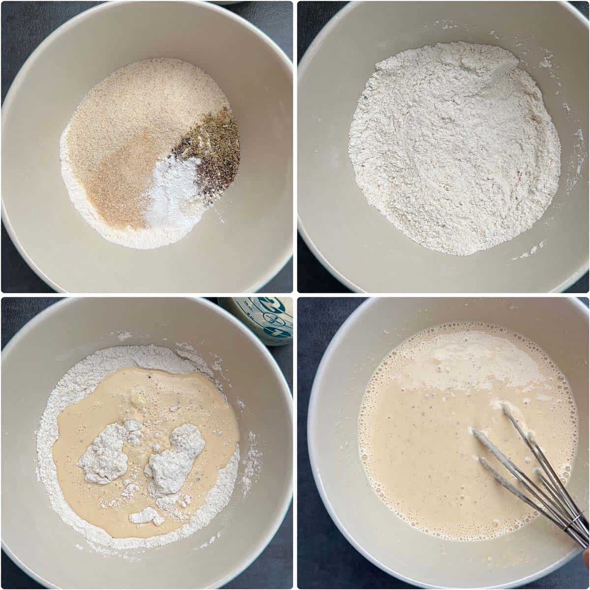 4 panel photo showing the making of the batter.