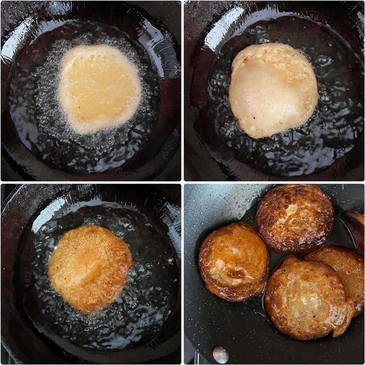 4 panel photo showing the frying of pancakes and dunking them in syrup.
