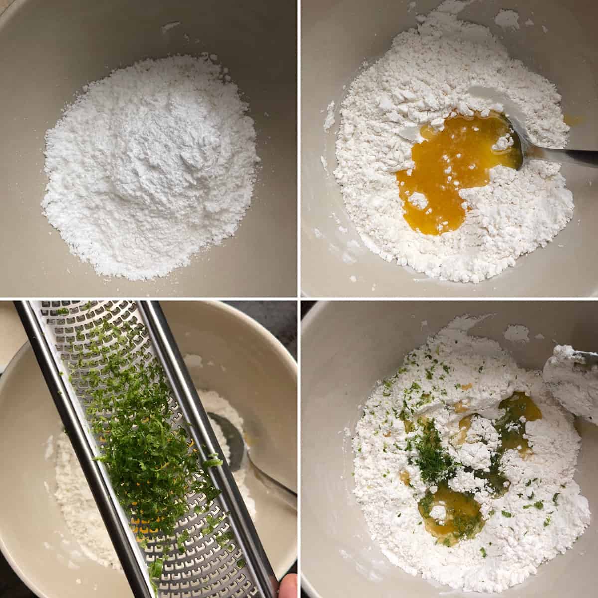 Step by step photos showing the mixing of ingredients in a bowl