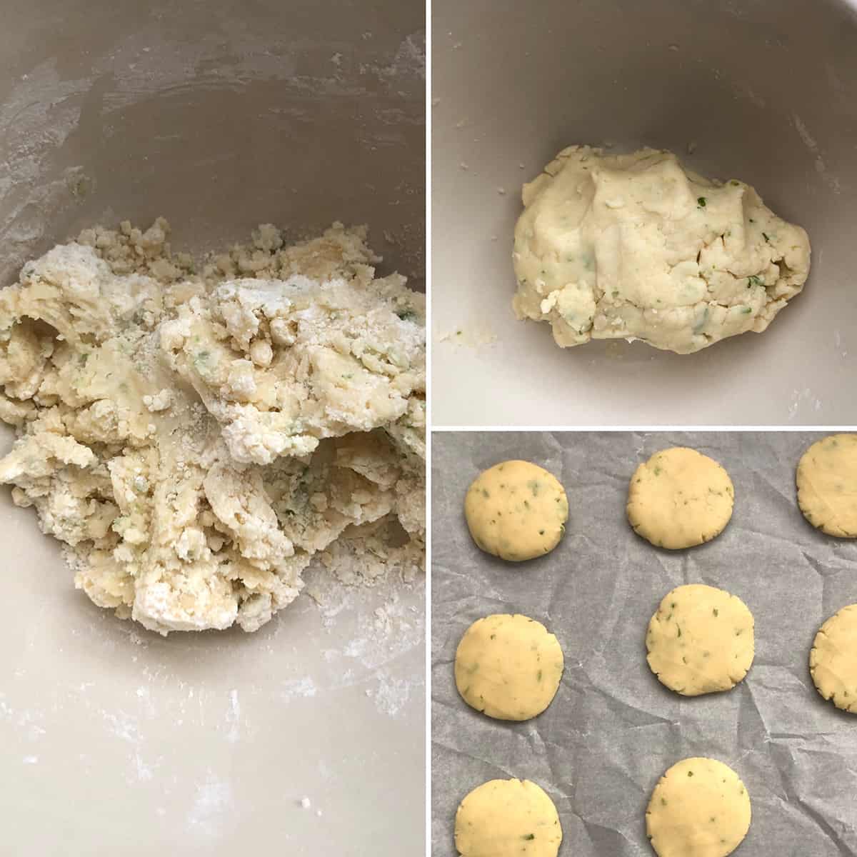 Cookie dough in a bowl and a baking sheet with lime cookies before baking