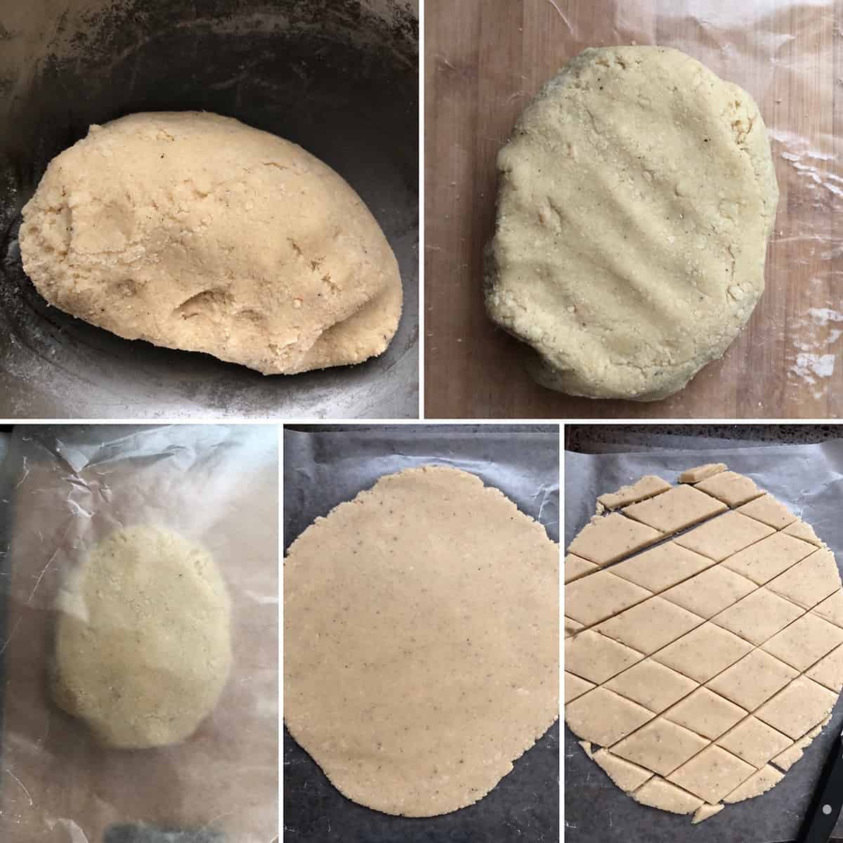 Step by step photos showing the cooked katli dough, rolled out into a disc and cut into diamonds