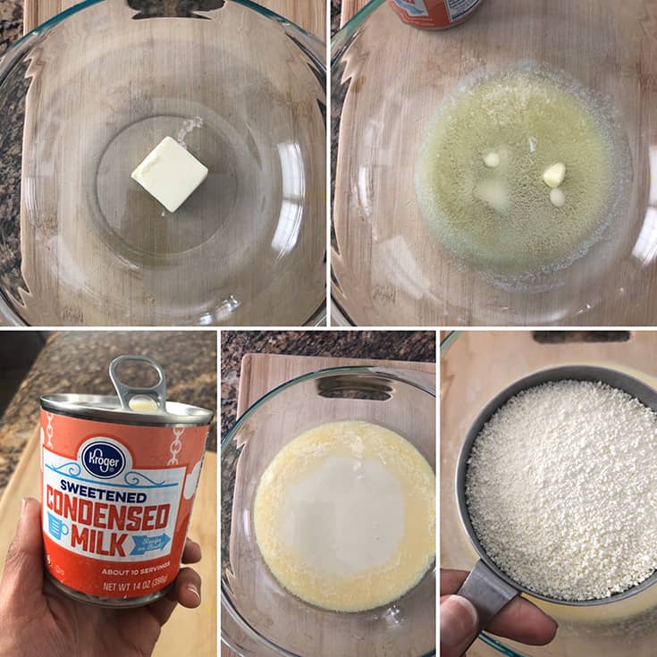 Step by step photos showing melted butter with condensed milk and dry milk powder