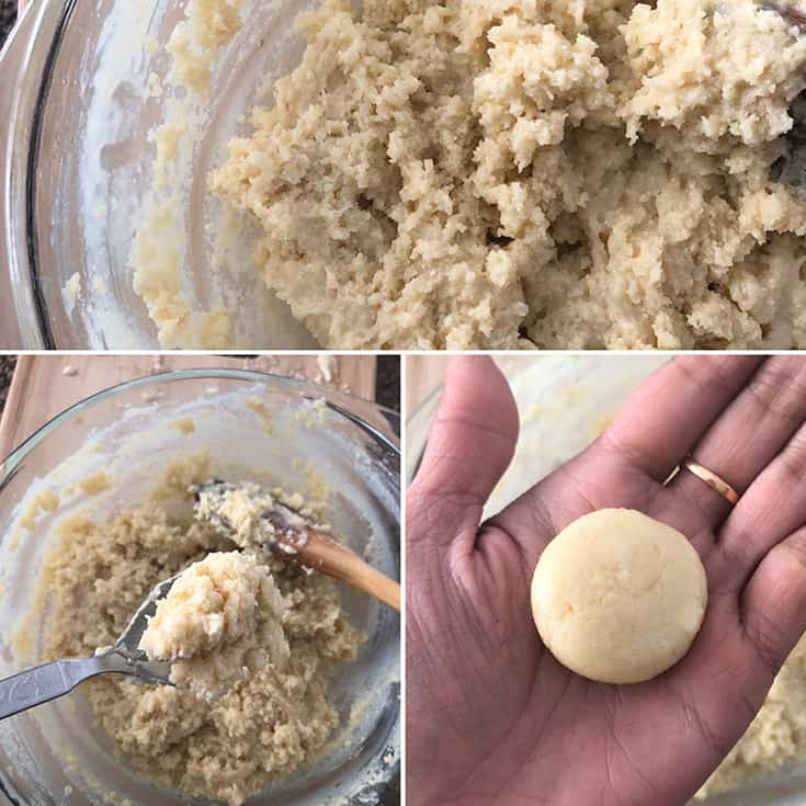 Step by step photos cooked condensed milk mixture being rolled into discs