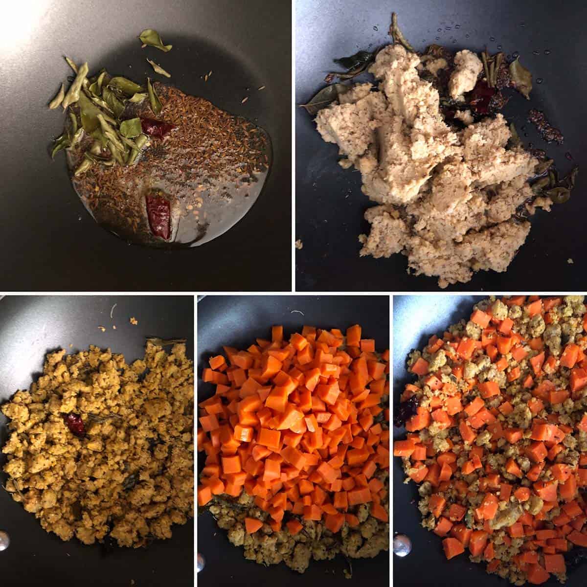5 panel photo showing the cooking of ingredients in a pan.