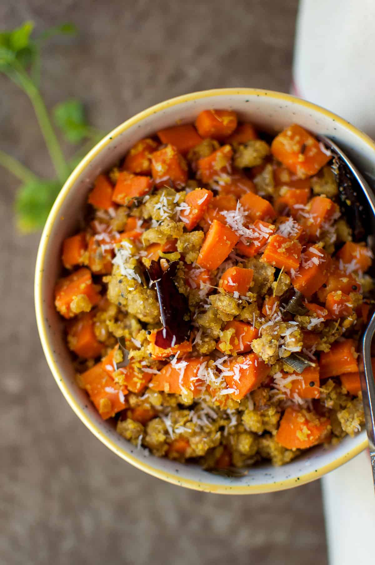 Bowl with carrot paruppu usili.