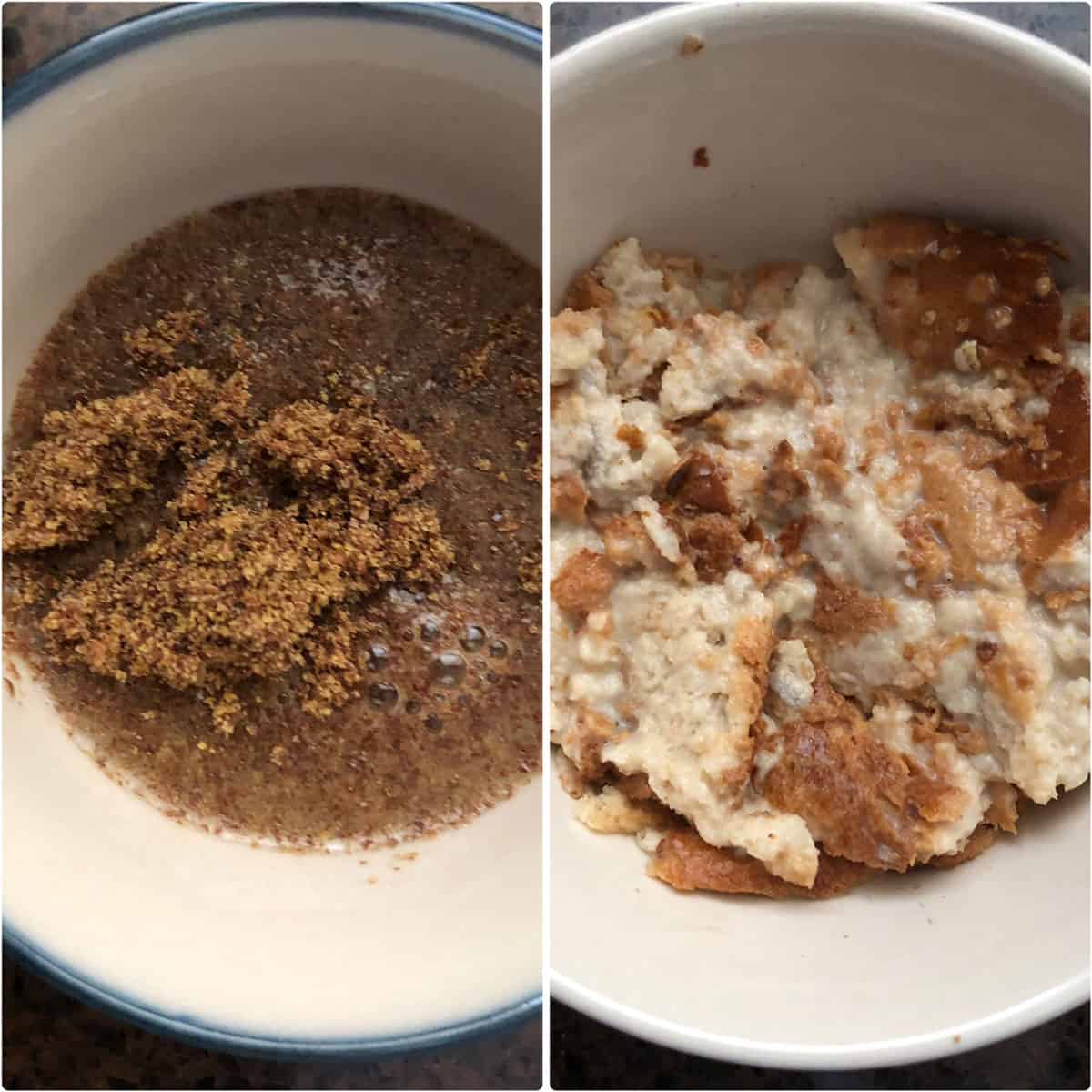 Side by side photos showing flaxseed meal and bread soaked in milk