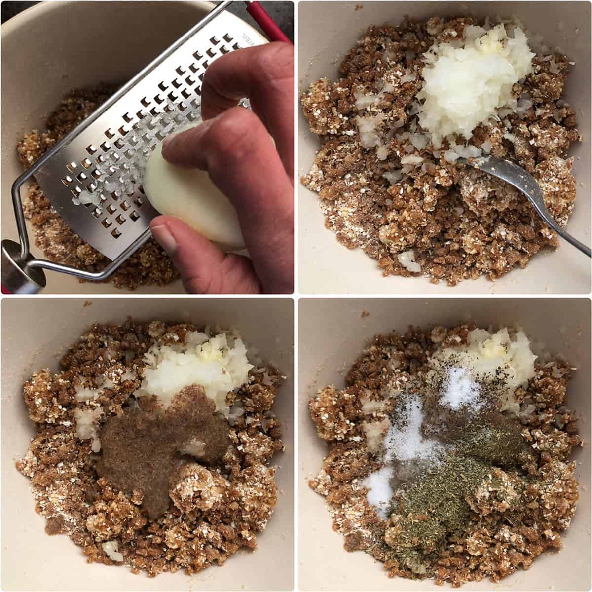 Onion grated into the bowl, addition of flaxseed meal, herbs, salt and pepper