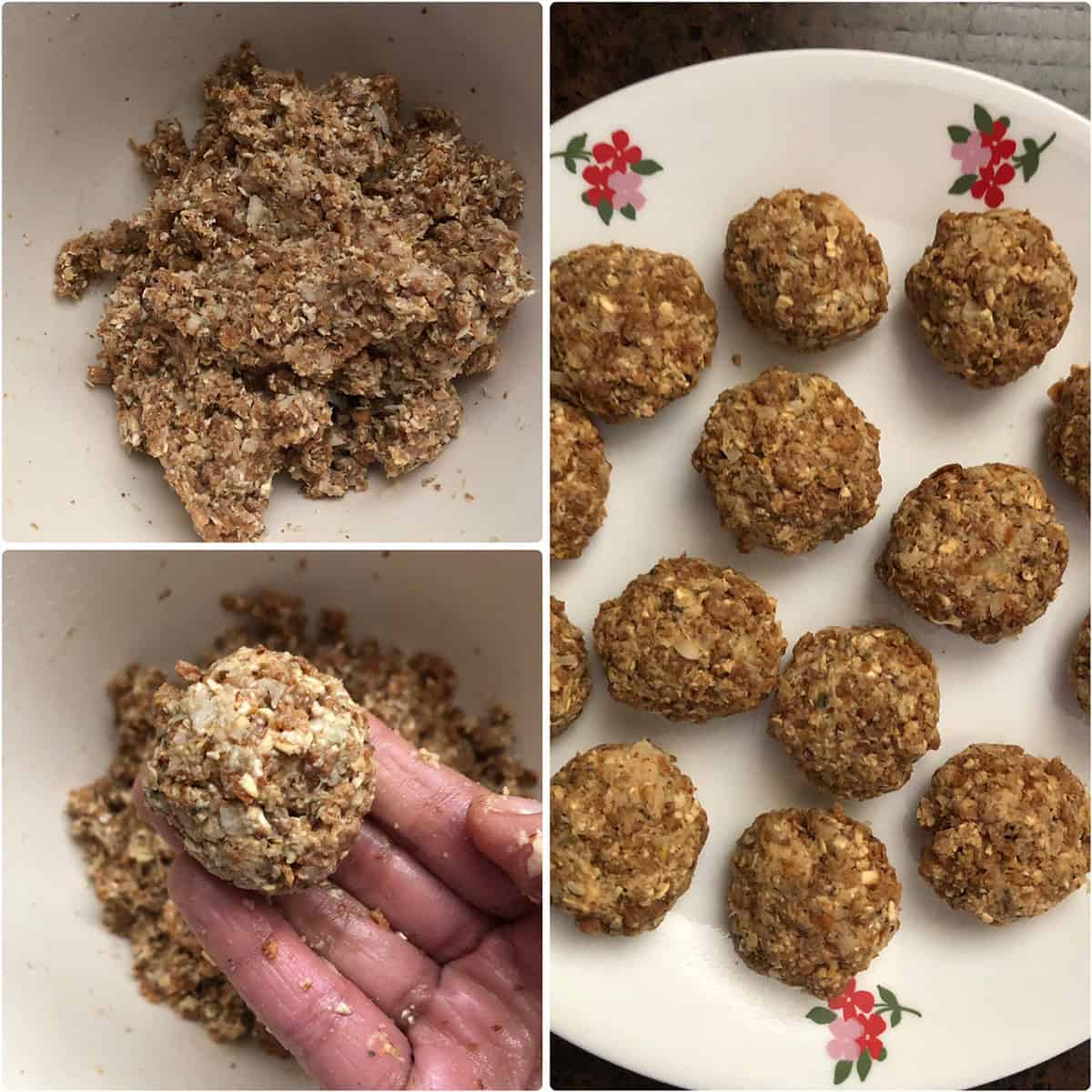 Meatless meatball mixture formed into balls and placed on a white plate