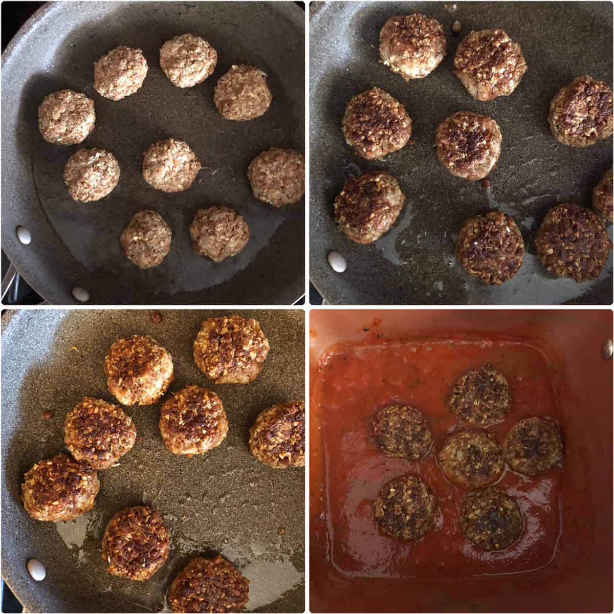 Meatballs being cooked in oil in a skillet until golden. Placed in tomato sauce
