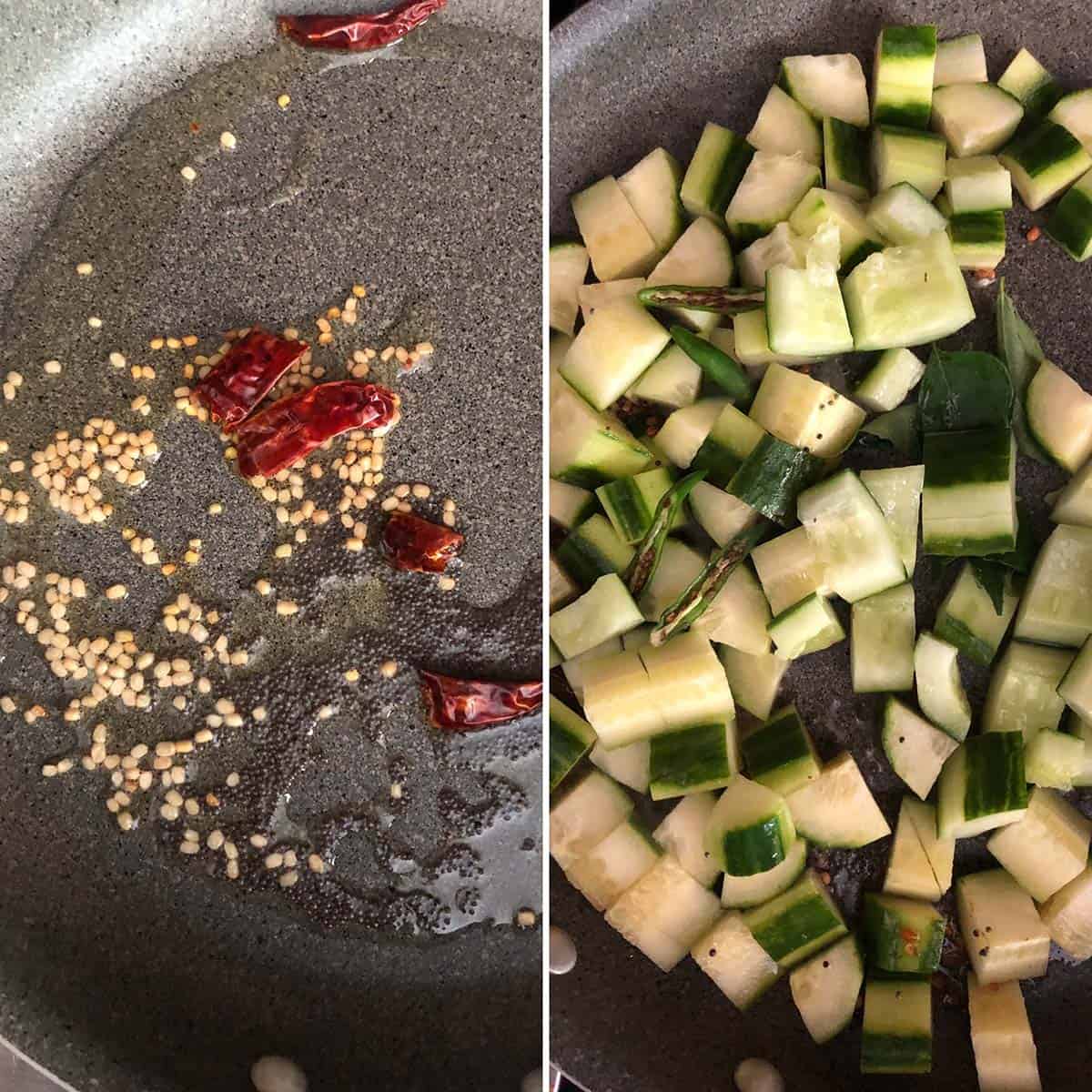 Cooking tempering and chopped cukes in a pan