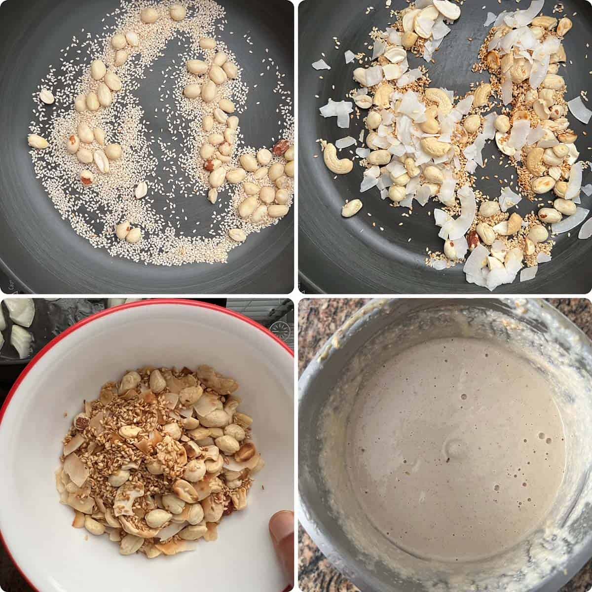 4 panel photo showing the sautéing and grinding ingredients for gravy.