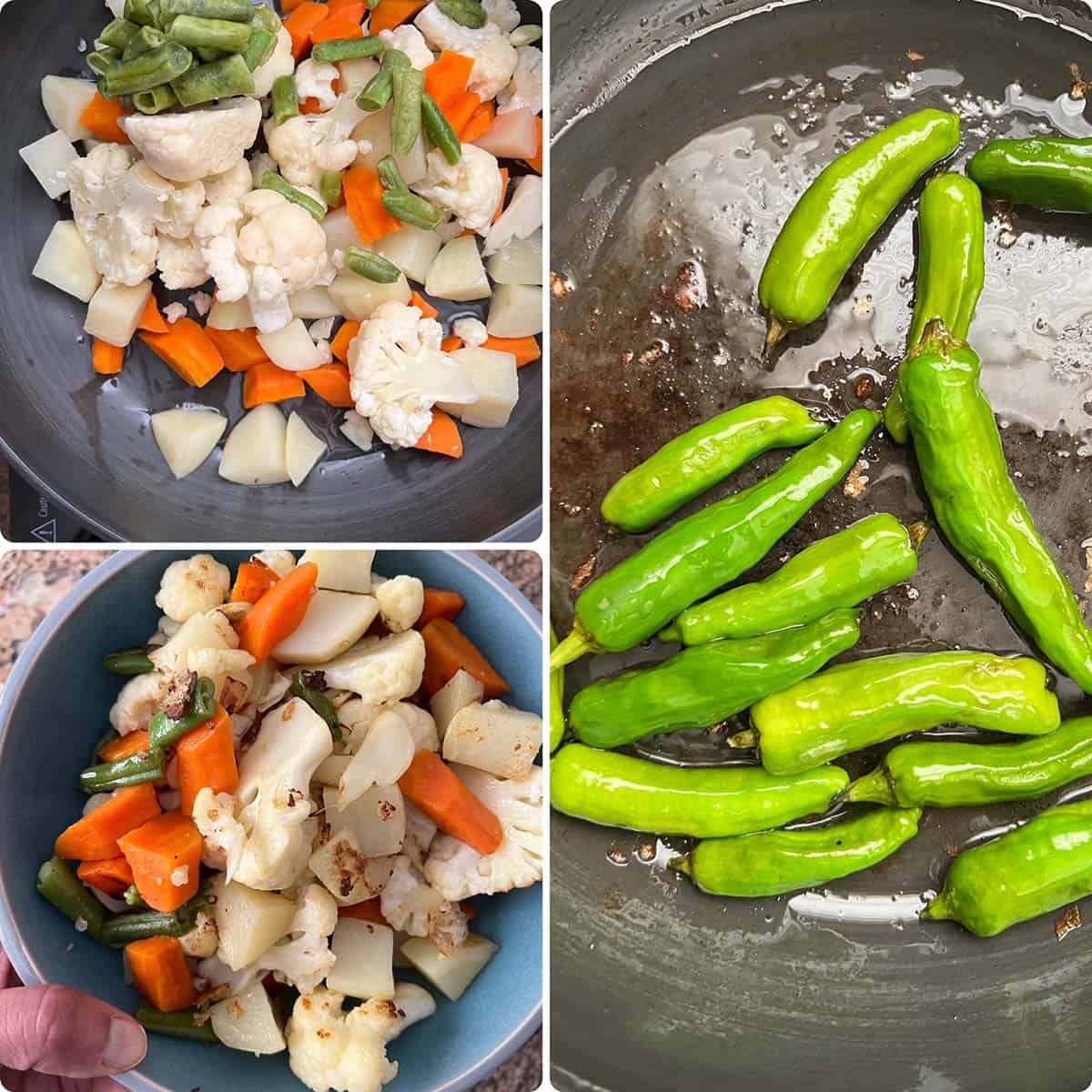 3 panel photo showing the sautéing of vegetables.