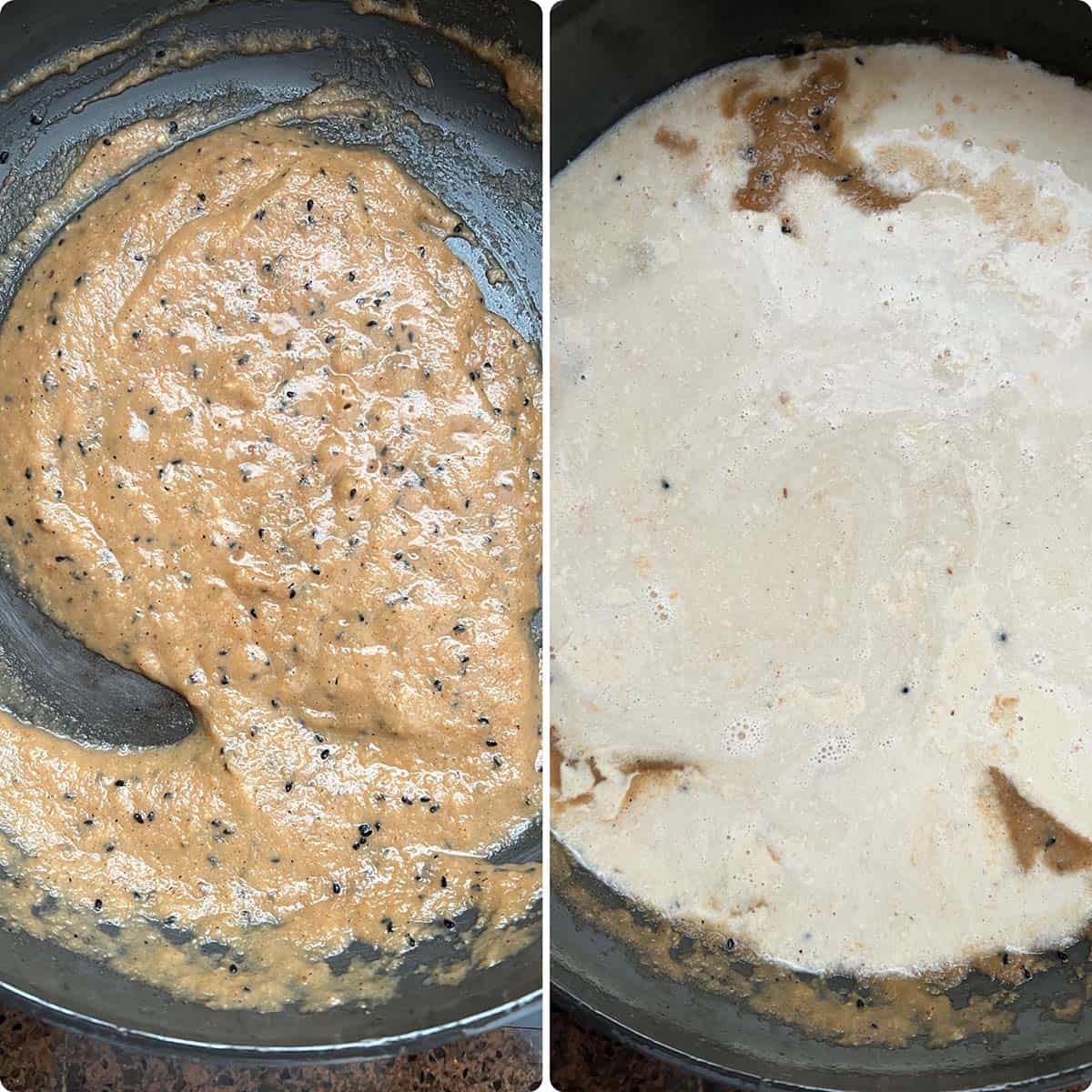 2 panel photo showing the cooking of onion paste and peanut mixture.