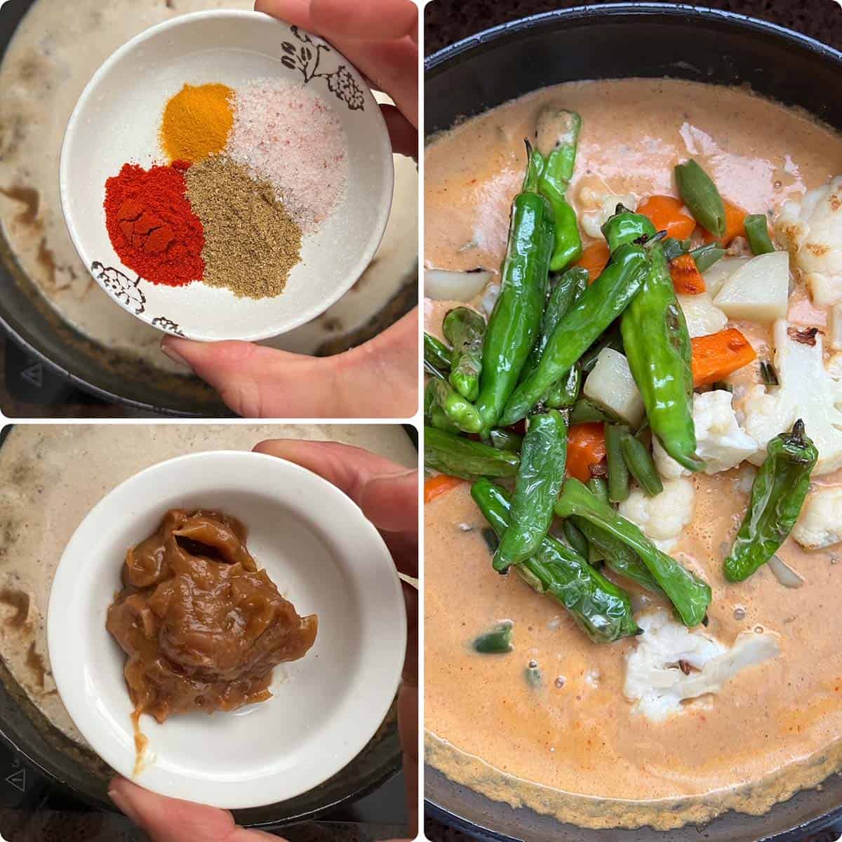 3 panel photo showing the making of the curry.