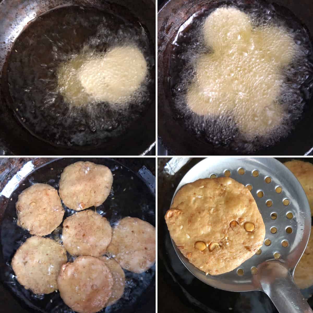 Step by step photos showing the frying of nippattu