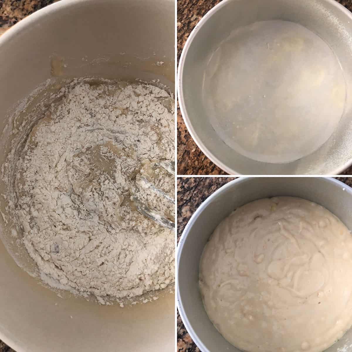 Wet and dry ingredients mixed in a mixing bowl. Poured into prepared baking pan