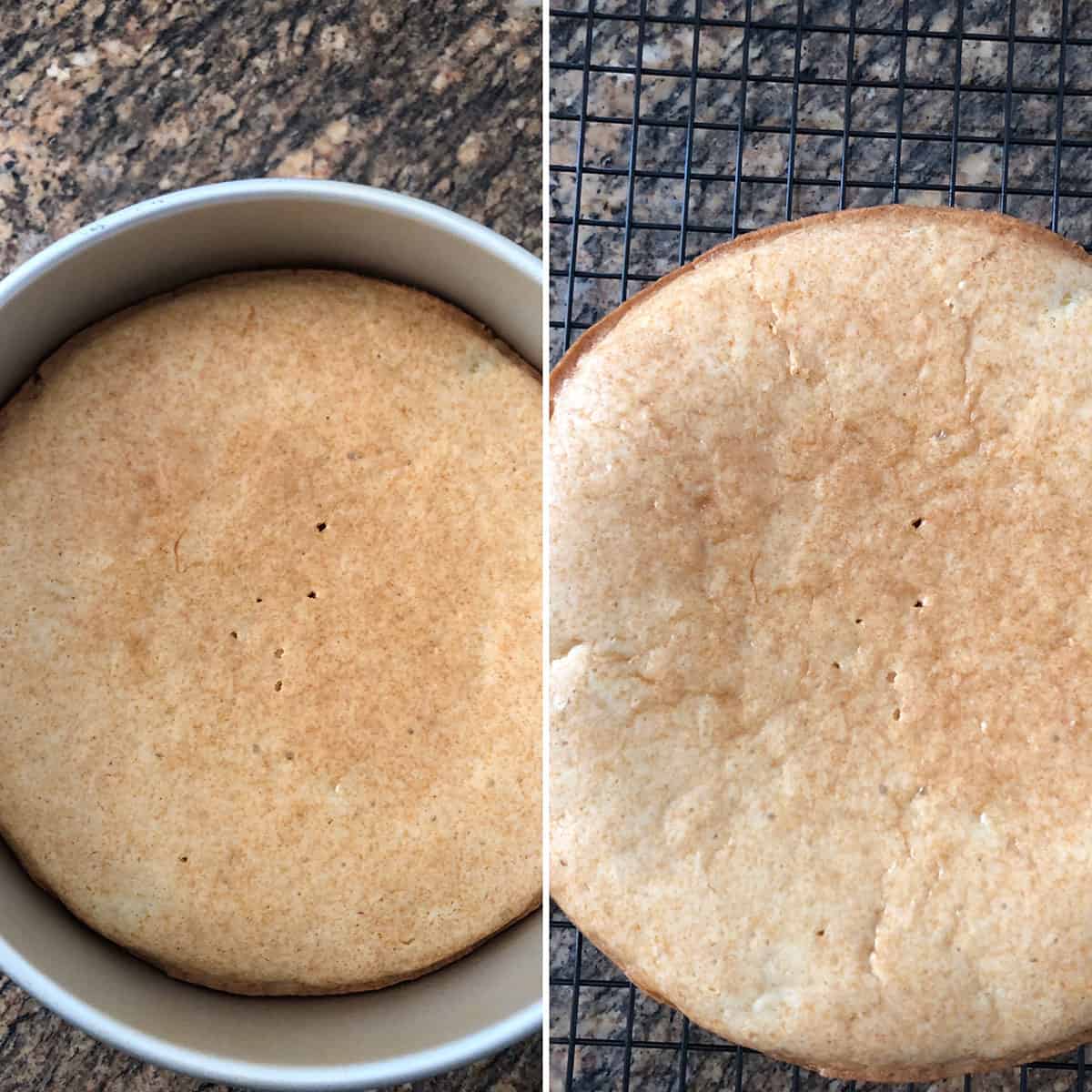 Baked cake in cake pan and placed on wire rack for cooling