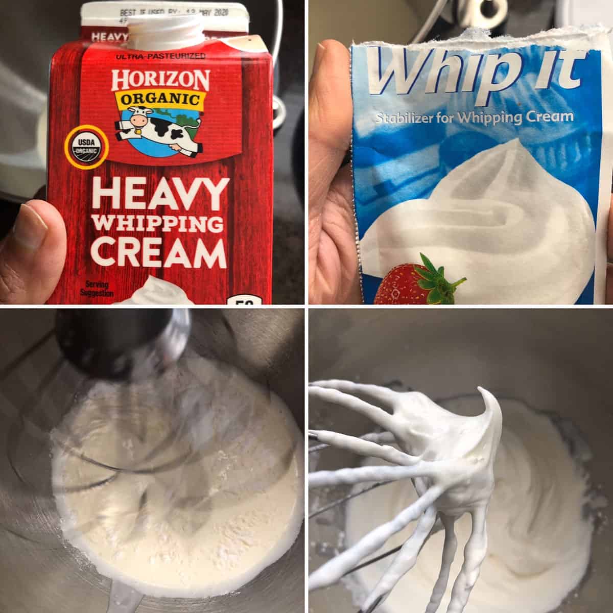 Making whipped cream frosting using heavy cream, stabilizer, confectioners sugar 