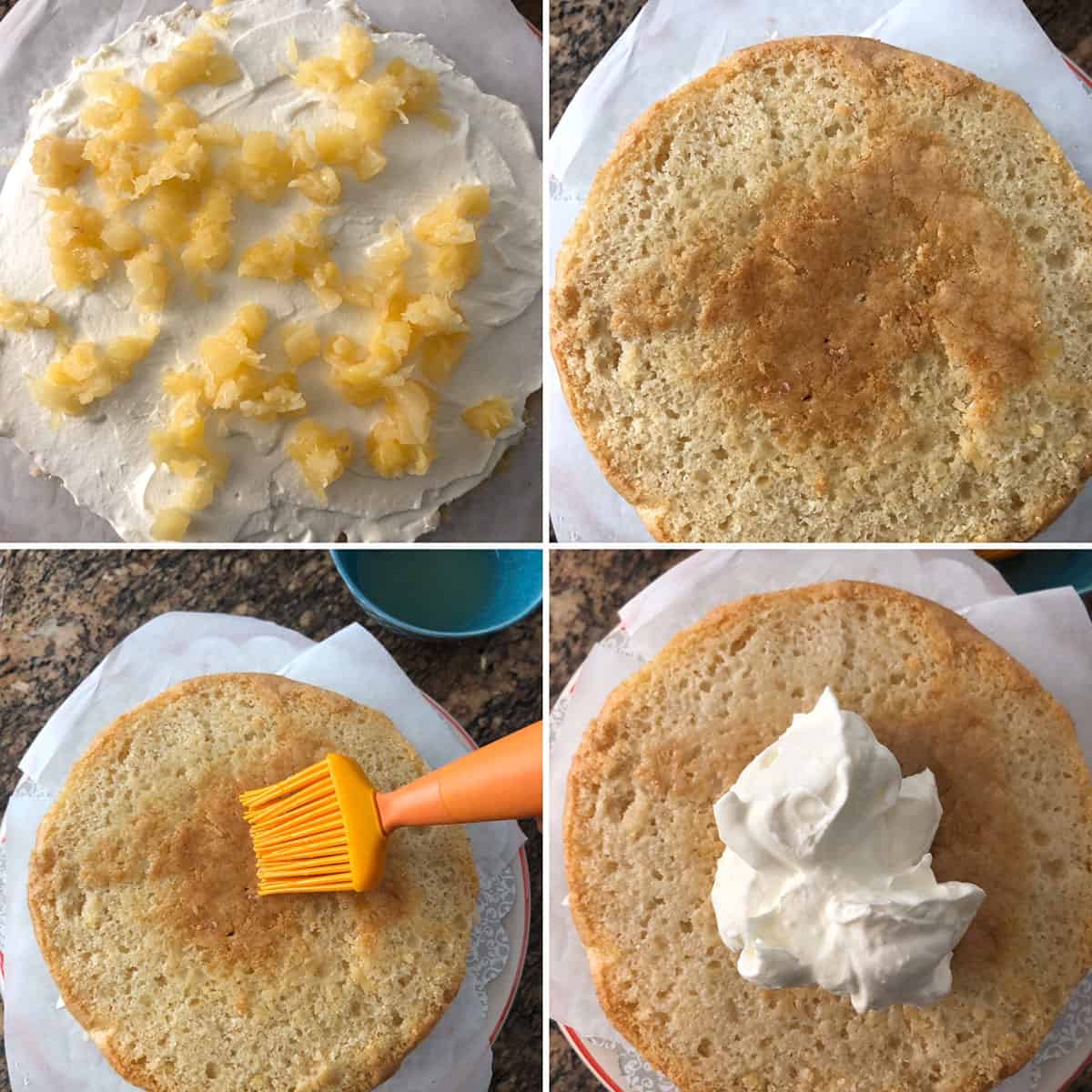 Step by step photos showing the assembling of pineapple pastry with whipped cream frosting and chopped pineapple