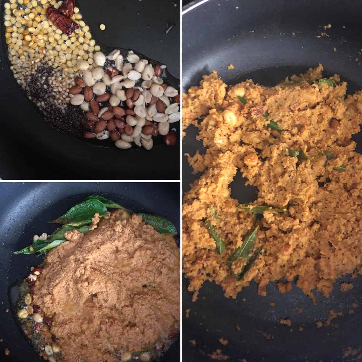 step by step photos showing cooking of peanuts, addition of ground paste to a nonstick pan