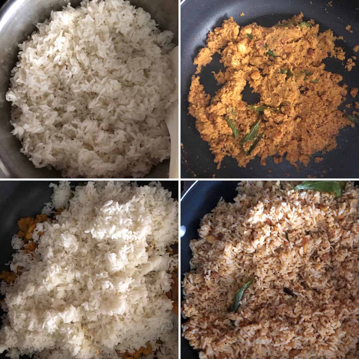 photos showing the addition of cooked rice to the masala in a nonstick pan