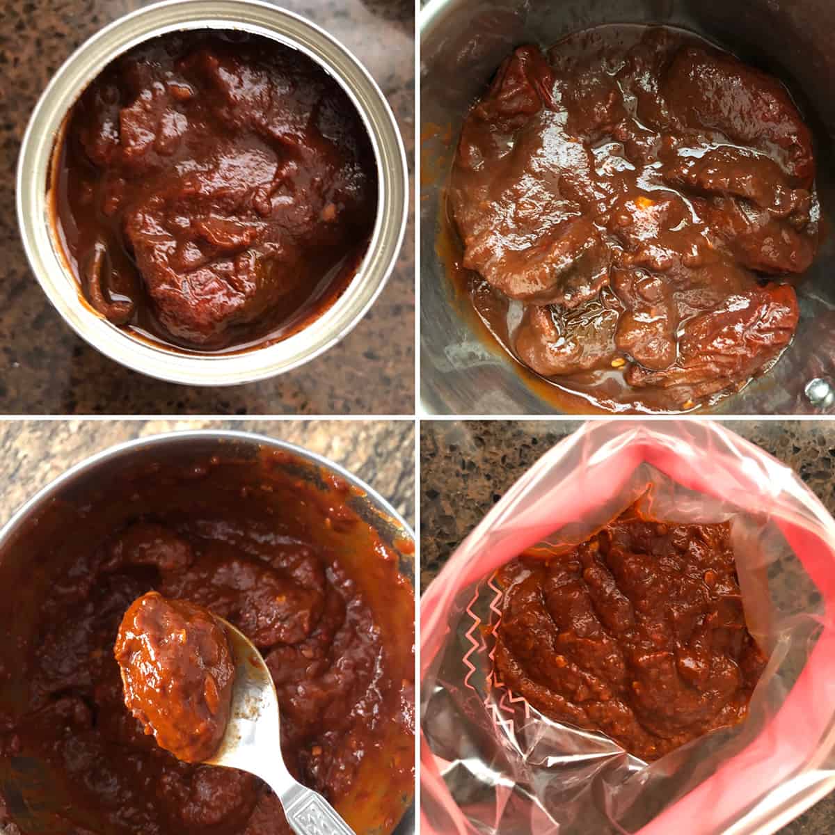 Photos showing how to freeze chipotle chilis in adobo sauce