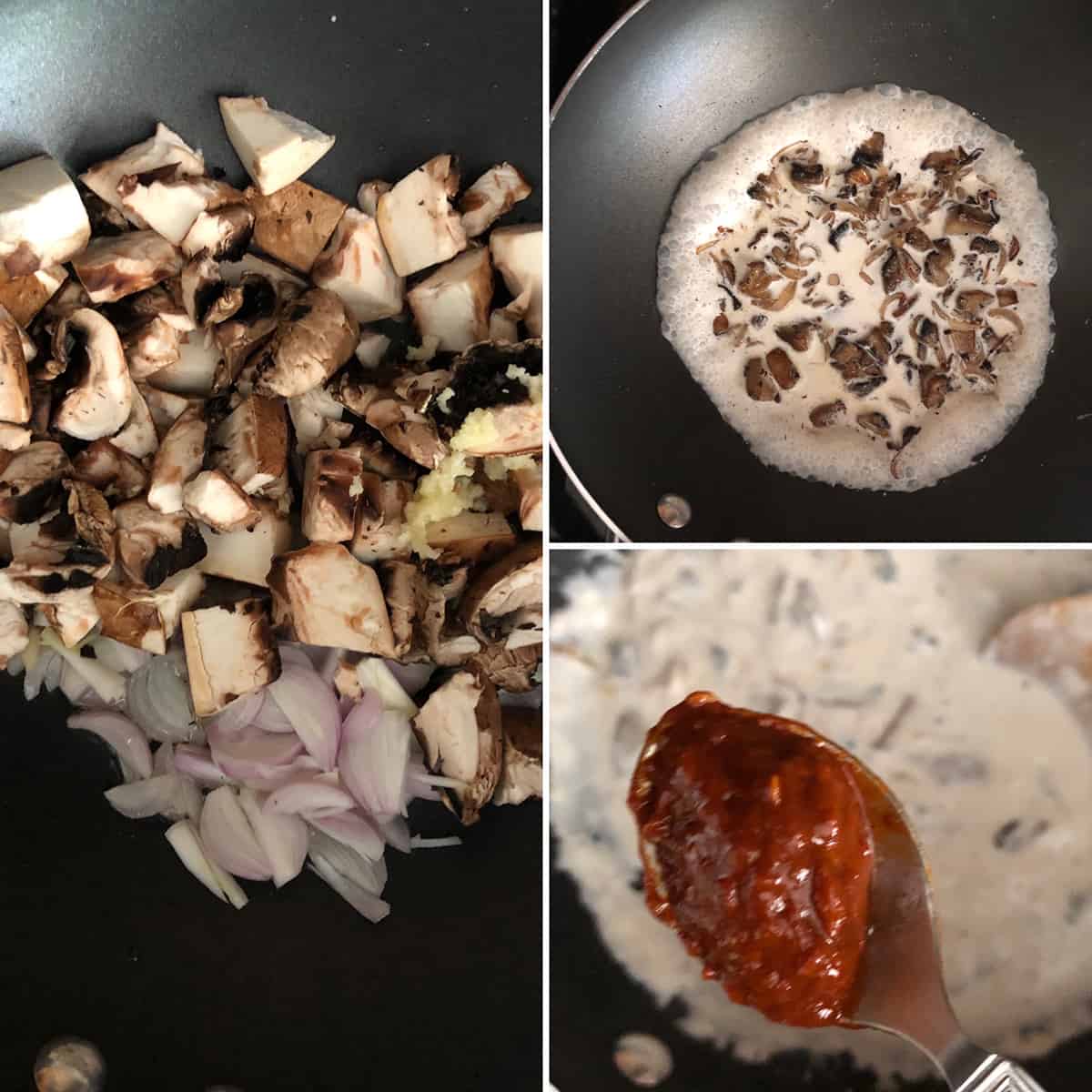 Step by step photos showing cooking veggies, cream and chipotle sauce