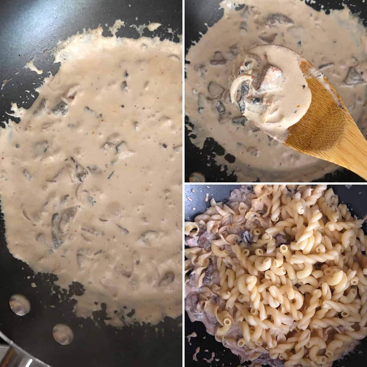 Photos showing thickened cream and pasta