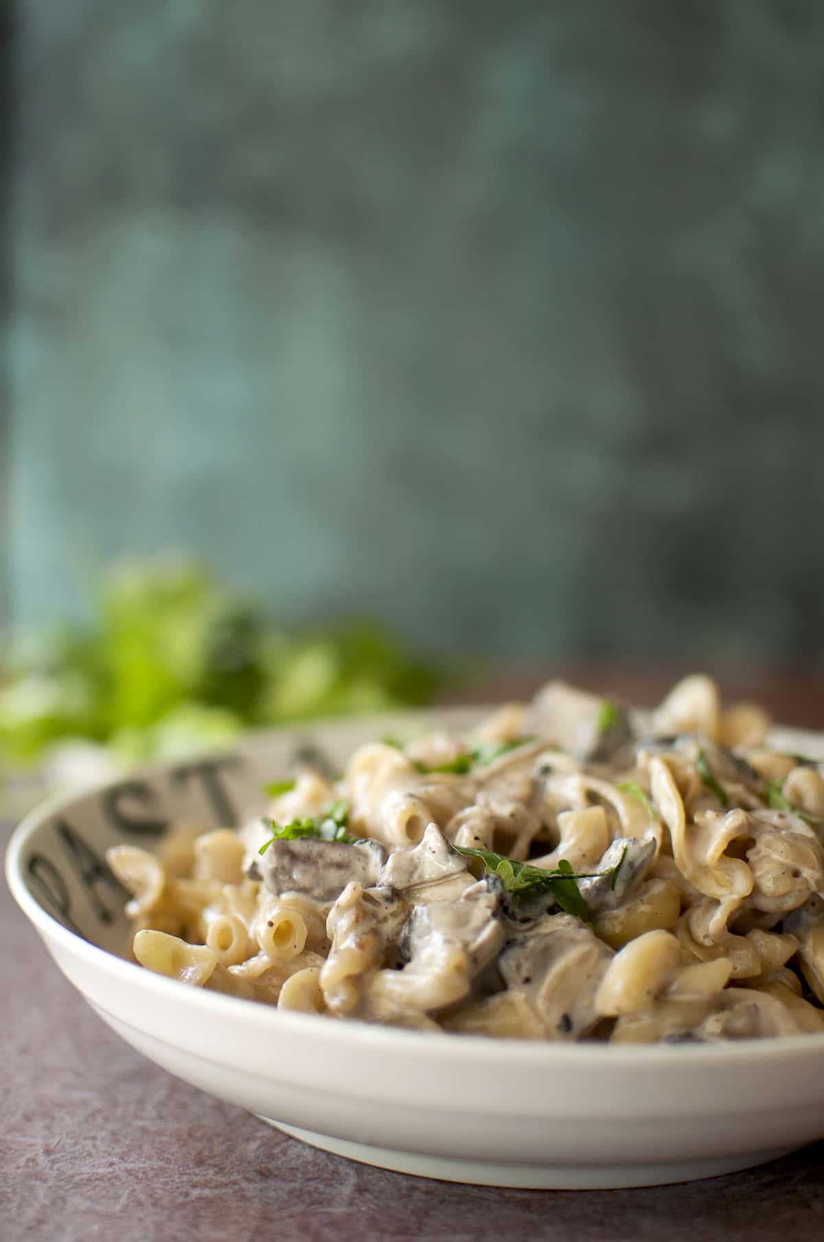 White bowl with creamy pasta