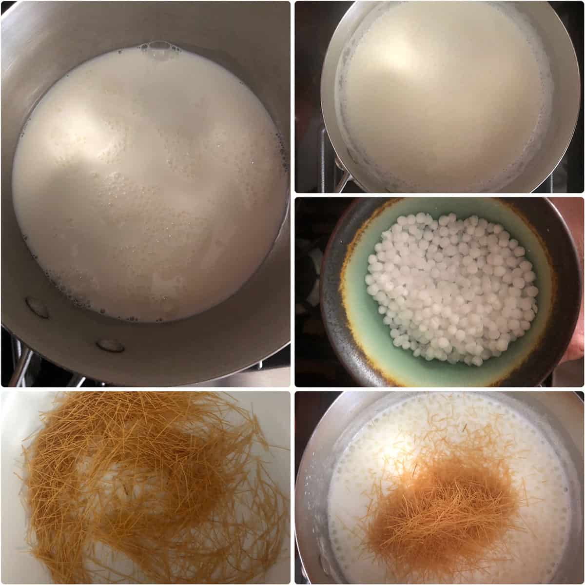 Boiling milk in a steel saucepan, adding soaked tapioca and roasted vermicelli