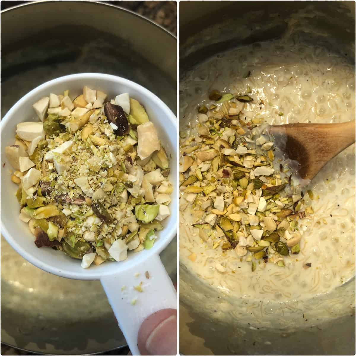 Chopped nuts being added to Sago kheer