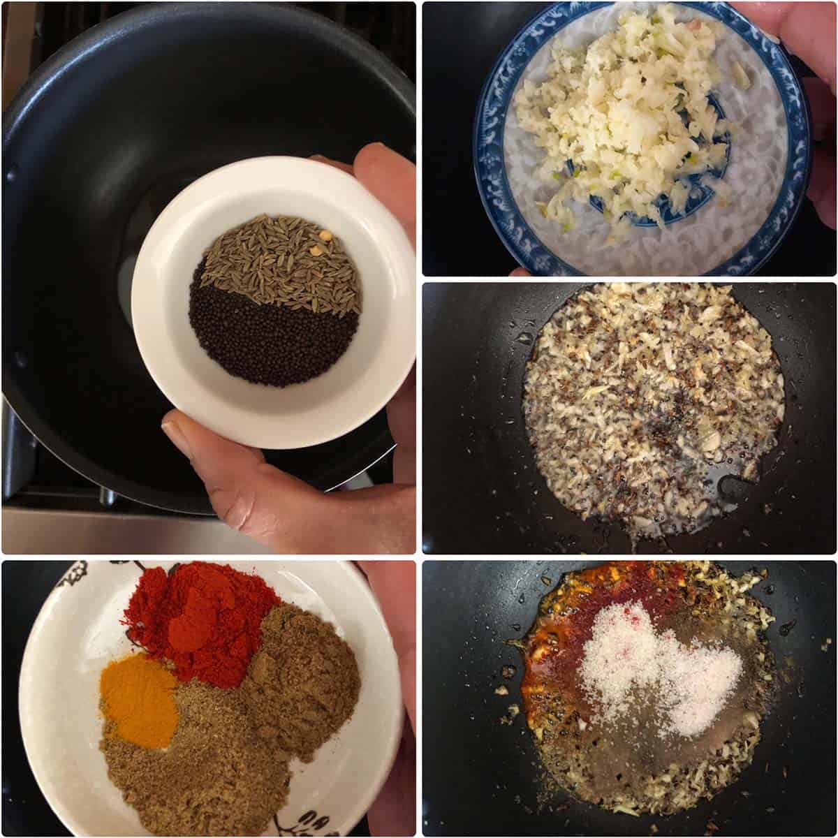 5 panel photo showing the sautéing of spices, ginger and garlic.