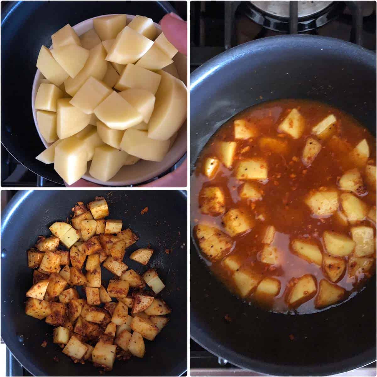 3 panel photo showing the cooking of potatoes.