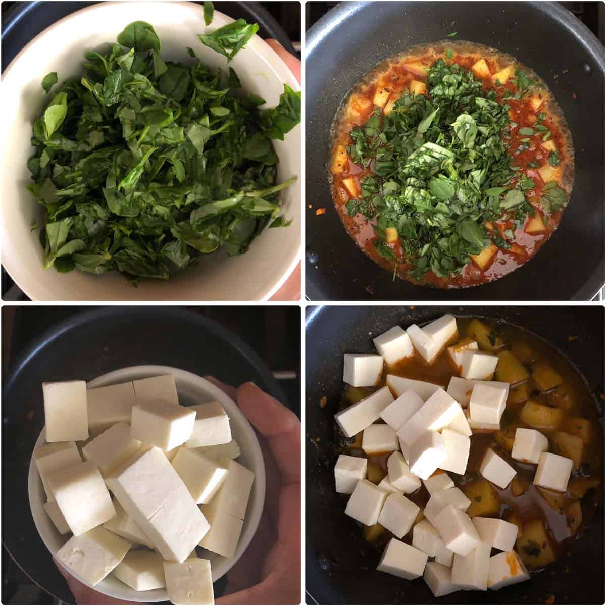 4 panel photo showing the addition of methi and paneer.