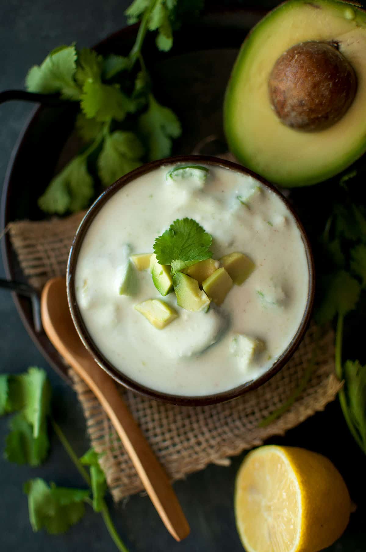 Round bowl with avocado raita.