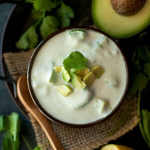 Round bowl with avocado raita.