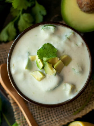 Round bowl with avocado raita.