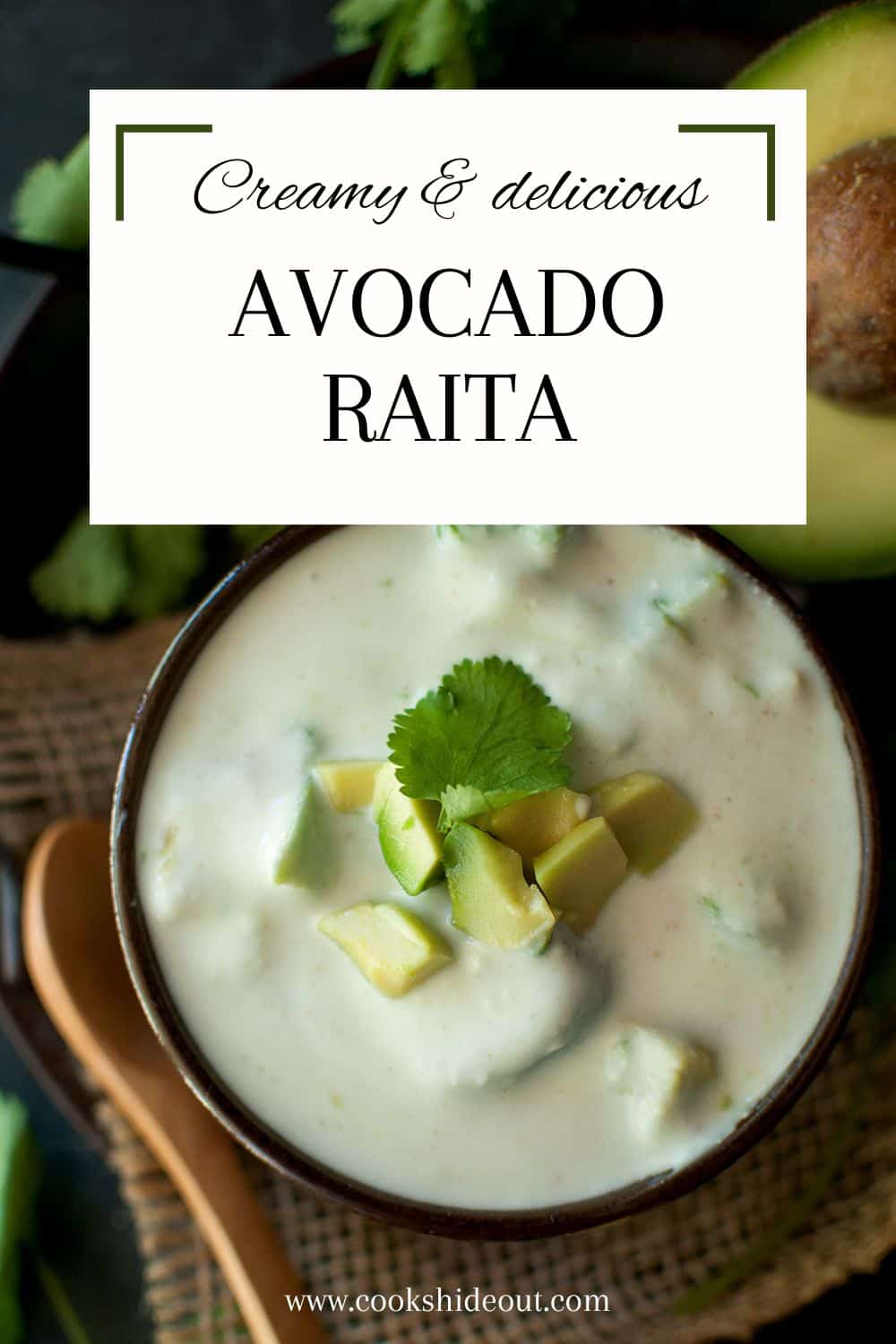 Top view of a brown bowl with avocado yogurt sauce.