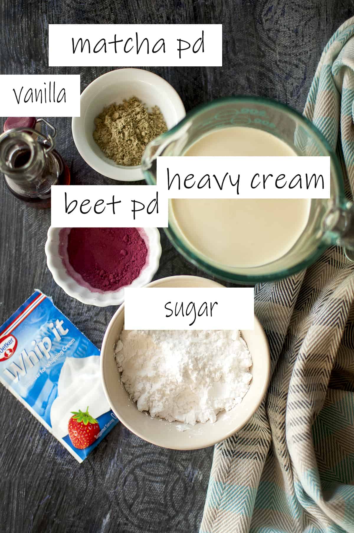 Ingredients needed to make the frosting placed in bowls