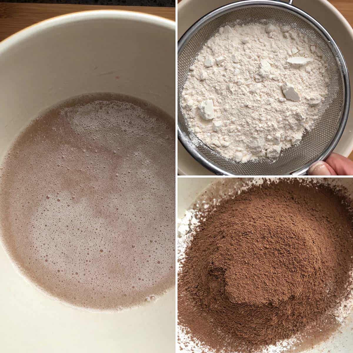 Step by step photos showing dry ingredients and wet ingredients being mixed.