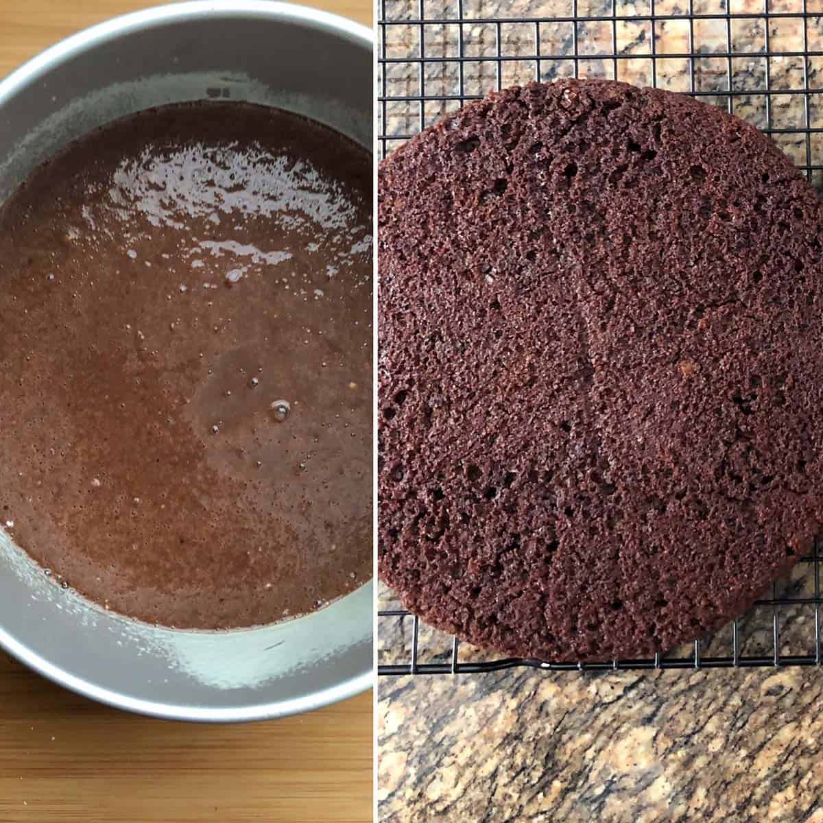 Side by side photos showing batter in cake pan and baked cake.