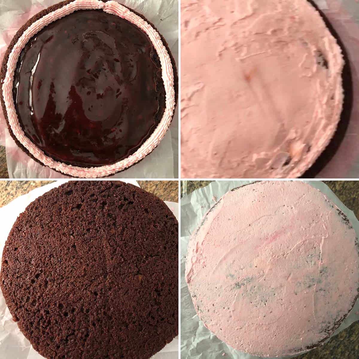 Step by step photos of the process of frosting the cake.