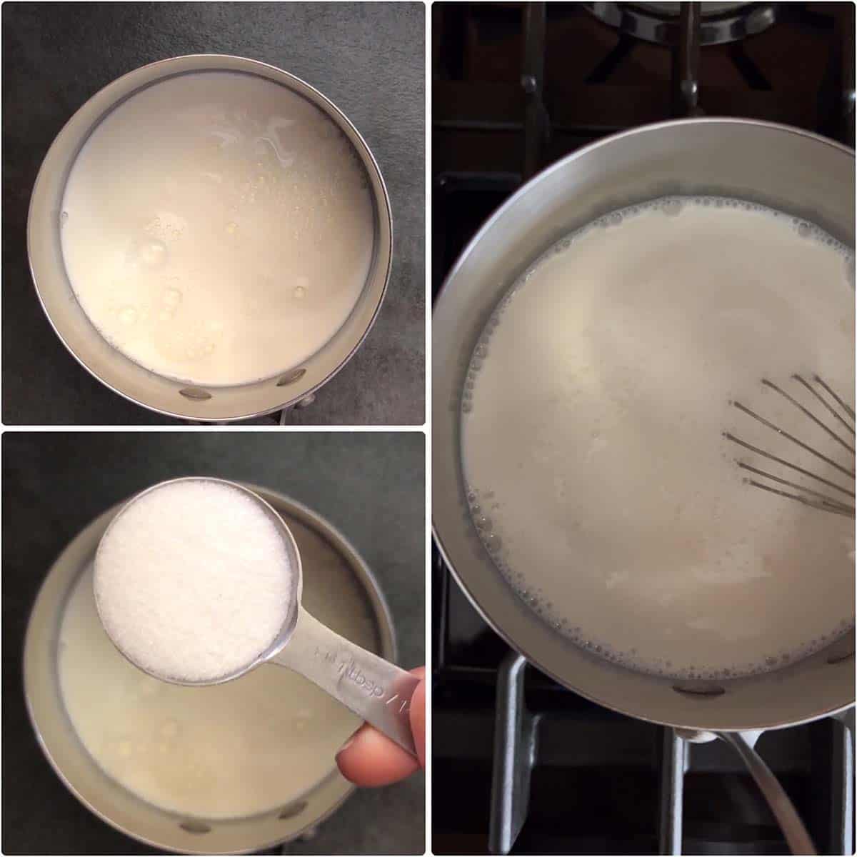 3 panel photo showing the simmering of milk and sugar.