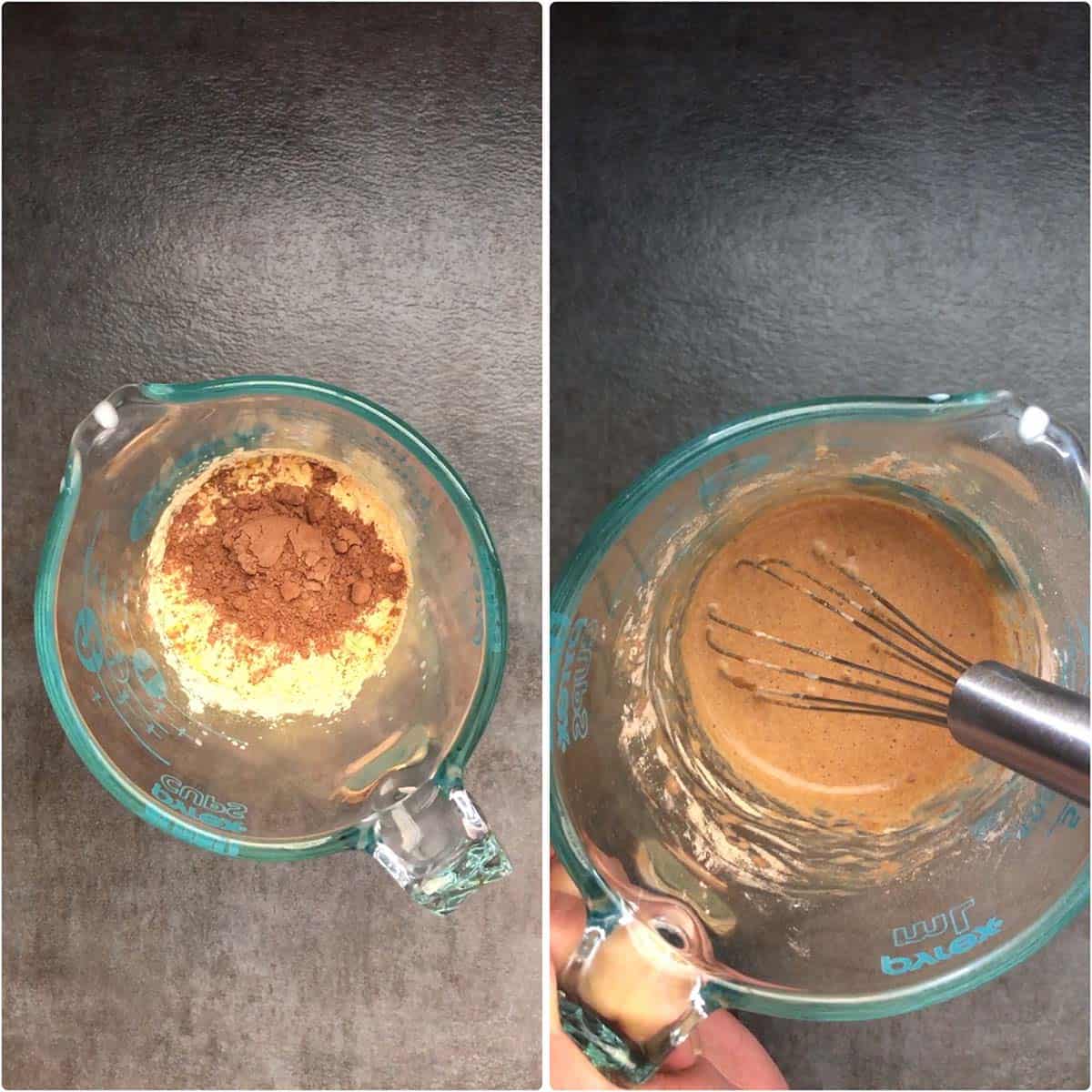 2 panel photo showing the mixing of ingredients in a measuring cup.