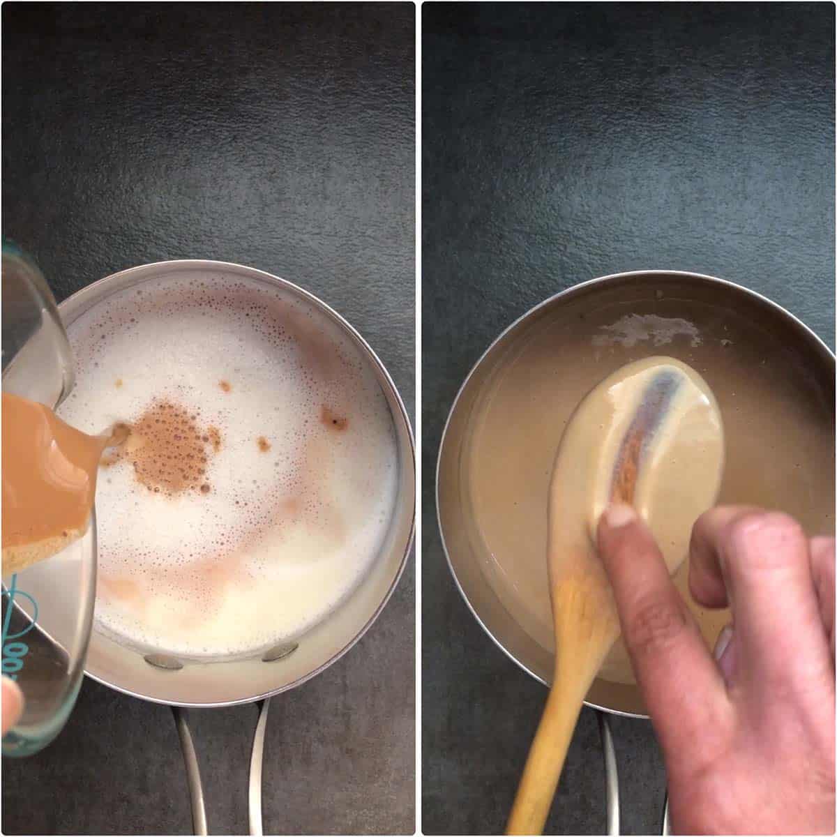 2 panel photo showing the custard before and after cooking.